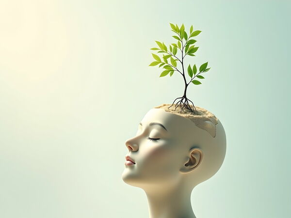 KI-Grafik: Ein Frauenkopf aus dem ein junger Baum wächst